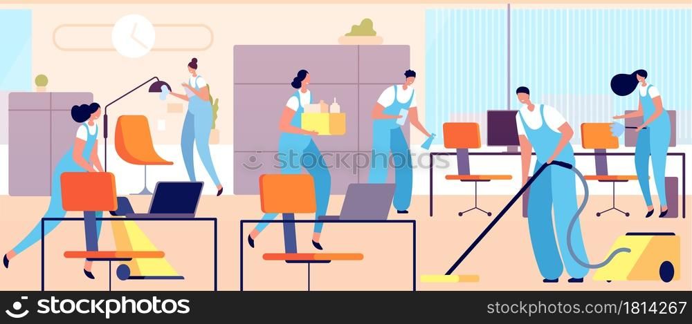 Cleaning workers in office. Cartoon woman clean, professional hygiene service team. Female male cleaners in uniform utter vector illustration. Worker in office, service cleaner professional. Cleaning workers in office. Cartoon woman clean, professional hygiene service team. Female male cleaners in uniform utter vector illustration