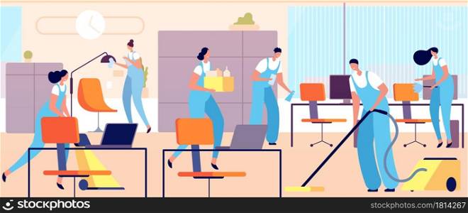 Cleaning workers in office. Cartoon woman clean, professional hygiene service team. Female male cleaners in uniform utter vector illustration. Worker in office, service cleaner professional. Cleaning workers in office. Cartoon woman clean, professional hygiene service team. Female male cleaners in uniform utter vector illustration