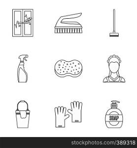Cleansing icons set. Outline illustration of 9 sanitation vector icons for web. Cleansing icons set, outline style