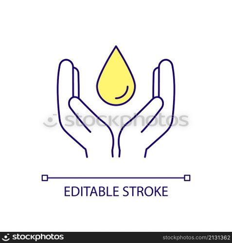Cleansing oil RGB color icon. Yellow drop in hands. Extraction from plant materials. Essential natural oils. Isolated vector illustration. Simple filled line drawing. Editable stroke. Arial font used. Cleansing oil RGB color icon