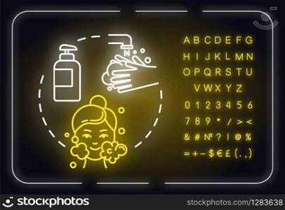 Cleansing, pore purification neon light concept icon. Face skin cleanser use, hygienic procedure idea. Outer glowing sign with alphabet, numbers and symbols. Vector isolated RGB color illustration