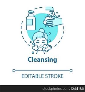 Cleansing, skin purification concept icon. Face washing, cleanser use, hygienic procedure, cosmetology idea thin line illustration. Vector isolated outline RGB color drawing. Editable stroke
