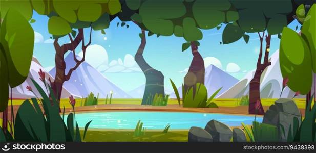 Clear blue lake in forest at foot of mountains. Vector cartoon illustration of beautiful natural landscape with tall trees, spring flowers, green bushes and stones around pond. Travel game background. Clear blue lake in forest at foot of mountains