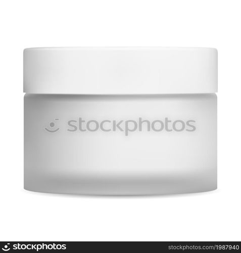 Clear cream jar. White matt glass cosmetic package, plastic lid. Face creme pack, vector container template. Skin blush care gel jar, round design. Medical ointment template. Clear cream jar. White glass cosmetic package, pot