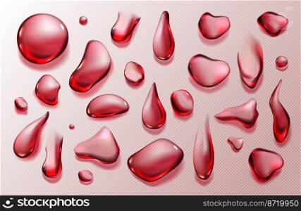 Clear drops of wine, fruit drink or blood isolated on transparent background. Vector realistic set of red water drips, strawberry or cherry juice liquid droplets. Clear drops of wine, fruit drink or juice
