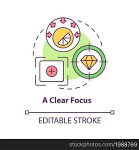 Clear focus concept icon. Company marketing goal. Efficient strategy. Productive management. Brand planning abstract idea thin line illustration. Vector isolated outline color drawing. Editable stroke. Clear focus concept icon