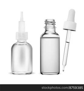Clear glass bottle with a white cap houses a cosmetic serum that uses a dropper to dispense the essential liquid. realistic mockup of a glass flask filled with a clear oil, complete with a pipette. Clear glass bottle with a white cap houses a cosmetic serum