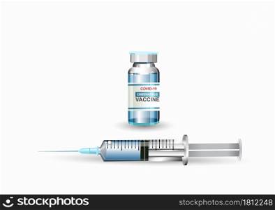 Clear glass bottles and syringes. Medical vials for vaccination. the clear blue vaccine in syringe injections. for the prevention of Covid-19 Coronavirus. Isolated vector illustration with copy space.