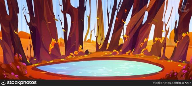 Clear lake in autumn forest cartoon landscape. Turquoise pond under trees with falling orange leaves and sunshine reflect in crystal water. Wild scenery nature wood background, Vector illustration. Clear lake in autumn forest cartoon landscape