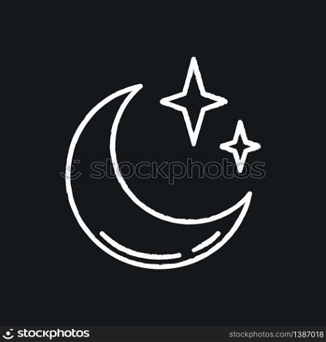 Clear night sky chalk white icon on black background. Meteorology, weather forecasting science. Sky clarity prediction. Crescent, half moon with shiny stars isolated vector chalkboard illustration. Clear night sky chalk white icon on black background