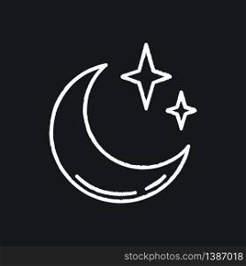 Clear night sky chalk white icon on black background. Meteorology, weather forecasting science. Sky clarity prediction. Crescent, half moon with shiny stars isolated vector chalkboard illustration. Clear night sky chalk white icon on black background