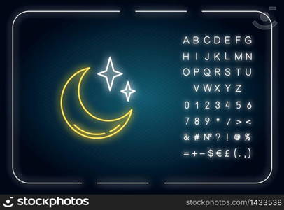 Clear night sky neon light icon. Outer glowing effect. Meteorology, weather forecasting sign with alphabet, numbers and symbols. Crescent with shiny stars vector isolated RGB color illustration. Clear night sky neon light icon