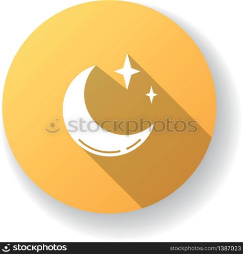 Clear night sky yellow flat design long shadow glyph icon. Meteorology, weather forecasting science. Sky clarity prediction. Crescent, half moon with shiny stars silhouette RGB color illustration. Clear night sky yellow flat design long shadow glyph icon