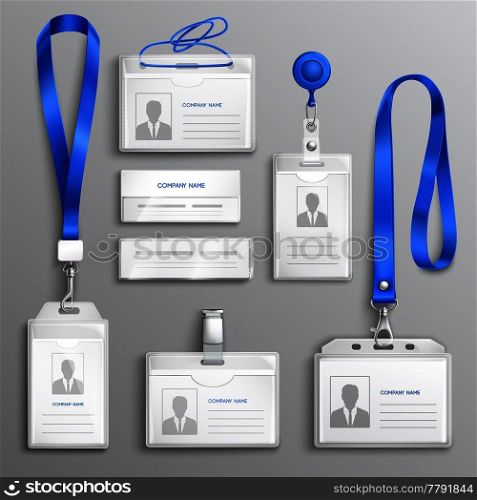 Clear plastic badges id cards holders collection with blue neck lanyards and retractable reel clip realistic vector illustration . ID Card Holders Realistic Set