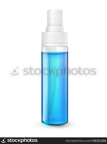 Clear plastic bottle spray alcohol isolated on white background. Realistic file.