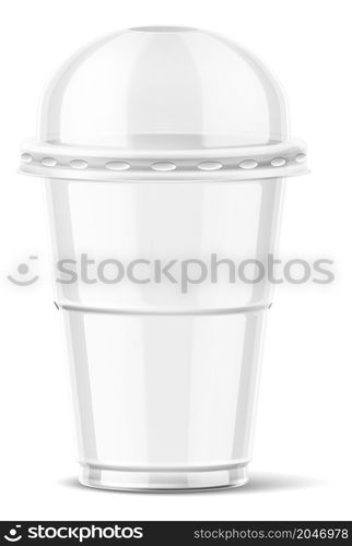 Clear plastic cup with dome lid. Takeaway drink container. Realistic mockup isolated on white background. Clear plastic cup with dome lid. Takeaway drink container. Realistic mockup