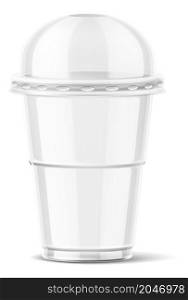 Clear plastic cup with dome lid. Takeaway drink container. Realistic mockup isolated on white background. Clear plastic cup with dome lid. Takeaway drink container. Realistic mockup