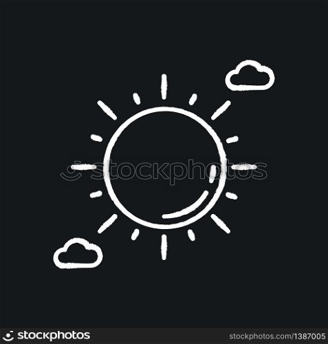 Clear sunny sky chalk white icon on black background. Partly cloudy meteo forecast, summertime weather, meteorology. Summer heat. Shining sun with clouds. Isolated vector chalkboard illustration. Clear sunny sky chalk white icon on black background