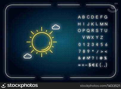 Clear sunny sky neon light icon. Outer glowing effect. Partly cloudy meteo forecast, summertime weather, meteorology sign with alphabet, numbers and symbols. Vector isolated RGB color illustration. Clear sunny sky neon light icon