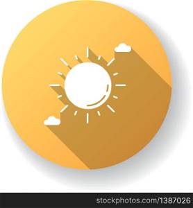 Clear sunny sky yellow flat design long shadow glyph icon. Partly cloudy meteo forecast, summertime weather, meteorology. Summer heat. Shining sun with clouds. Silhouette RGB color illustration. Clear sunny sky yellow flat design long shadow glyph icon