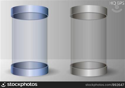 Clear transparent cylinder set. Exibition mockup box for commercial needs. Colored or black and white mode. Isolated 3d vector illustration.. Clear transparent cylinder set. Exibition mockup