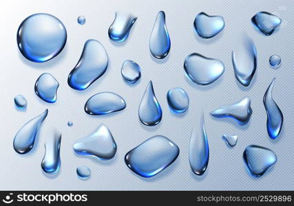 Clear water drops, dew or dripping rain droplets isolated on transparent background. Vector realistic set of pure aqua liquid flows, condensation on cool surface. Clear water drops, dew or dripping rain droplets