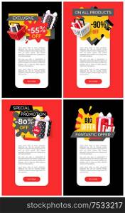 Clearance and sellout of stores posters. Hot sale and best discounts of shops promo vector web site templates. Presents in boxes with wrapping and bows. Clearance and Sellout of Stores Posters. Hot Sale