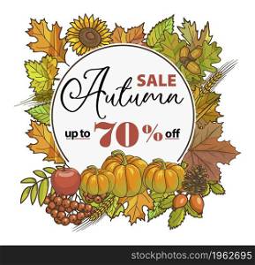Clearance or offer from shops in autumn sale up to 70 percent off. Shopping and buying products on reduced price. Banner with flowers and foliage, pumpkins and ripe apples. Vector in flat style. Autumn sale up to 70 percent off shopping in store