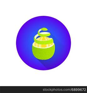 cleared pomelo fruit spiral rind. vector yellow green colorful cleared pomelo fruit spiral rind illustration flat shadow design round violet background