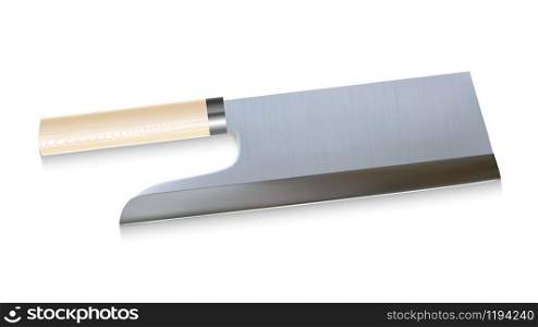 Cleaver Butcher Knife With Wooden Handle Vector. Domestic Cook Cleaver For Slicing And Cut Meat Or Fish. Meatman Cookery Kitchen Ware Utensil Concept Layout Realistic 3d Illustration. Cleaver Butcher Knife With Wooden Handle Vector