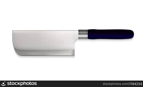 Cleaver Chrome Knife With Blue Wood Handle Vector. Cleaver With Especially Tough Edge For Repeated Blows Directly Into Thick Meat. Kitchen Utensil Concept Template Realistic 3d Illustration. Cleaver Chrome Knife With Blue Wood Handle Vector