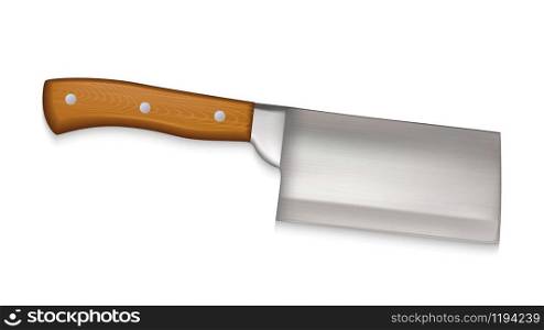 Cleaver Large Cook Knife With Walnut Handle Vector. Restaurant Chef Cleaver For Cutting And Cooking Meat Or Fish. Stylish Butcher Kitchen Utensil Concept Layout Realistic 3d Illustration. Cleaver Large Cook Knife With Walnut Handle Vector