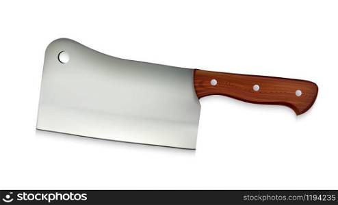 Cleaver Large Cook Knife With Wooden Handle Vector. Chef Cleaver Rectangular-bladed Hatchet Used To Cut Pork Chops From Loin. Kitchen Ware Concept Template Realistic 3d Illustration. Cleaver Large Cook Knife With Wooden Handle Vector