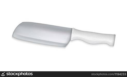 Cleaver Meat Knife With White Wooden Handle Vector. Kitchener Cleaver With Sharp Metallic Blade For Crushing In Food Preparation. Kitchen Tool Concept Mockup Realistic 3d Illustration. Cleaver Meat Knife With White Wooden Handle Vector
