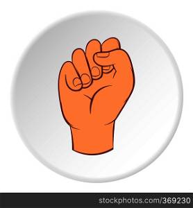 Clenched fist icon in cartoon style on white circle background. Gestural symbol vector illustration. Clenched fist icon, cartoon style