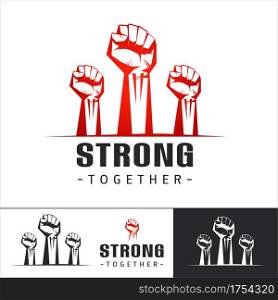 Clenched fists raised in protest. Set of Logo template Three human hands raised in the air. Vector illustration isolated on white background.