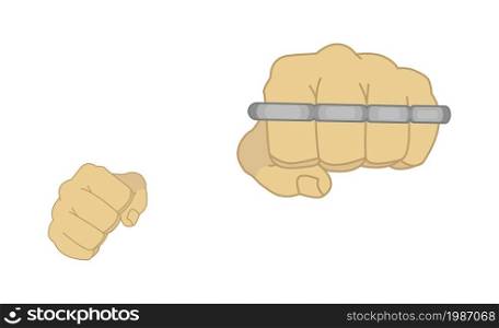 Clenched man fists holding brass-knuckle. Punching. Color illustration isolated on white. fists - punch