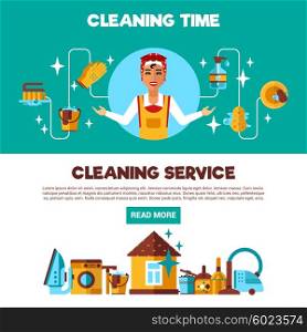 Clening Service 2 Flat Banners Set. Housekeeping full service with cleaning and ironing 2 flat informative banners advertisement webpage abstract isolated vector illustration