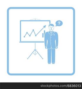 Clerk near analytics stand icon. Blue frame design. Vector illustration.