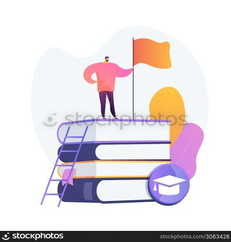 Clever man, student standing on books stack with flag. Self learning, personal improvement, knowledge obtaining. Educational achievement. Vector isolated concept metaphor illustration. Self education vector concept metaphor