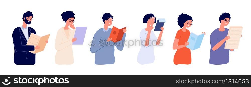 Clever people. Intelligent guy, flat man woman wear glasses. Happy person holding book documents, utter confident thoughtful vector characters. Clever people and student illustration. Clever people. Intelligent guy, flat man woman wear glasses. Happy person holding book documents, utter confident thoughtful vector characters