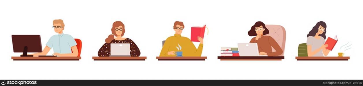 Clever student. People reading, working computer. Men women work in glasses. Office managers, teachers vector characters. Illustration person with computer, clever study. Clever student. People reading, working computer. Men women work in glasses. Office managers, teachers vector characters