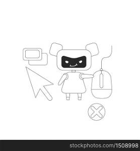 Click bot thin line concept vector illustration. Internet marketing fraud, visitors farming. Bad robot 2D cartoon character for web design. Webpages ads and links automated clicking creative idea