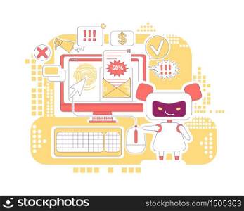 Click bot thin line concept vector illustration. Spam newsletter. Bad robot 2D cartoon character for web design. Automated links clicking and ads letters sending software creative idea