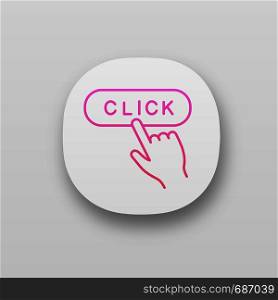 Click button app icon. UI/UX user interface. Webpage navigation. Hand pressing button. Web or mobile application. Vector isolated illustration. Click button app icon