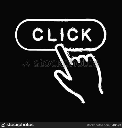 Click button chalk icon. Webpage navigation. Hand pressing button. Isolated vector chalkboard illustrations. Click button chalk icon