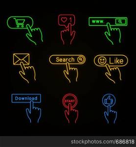 Click buttons neon light icons. Buy, likes counter, search bar, message, like, download, start, thumb up. Glowing signs. Vector isolated illustrations. Click buttons neon light icons