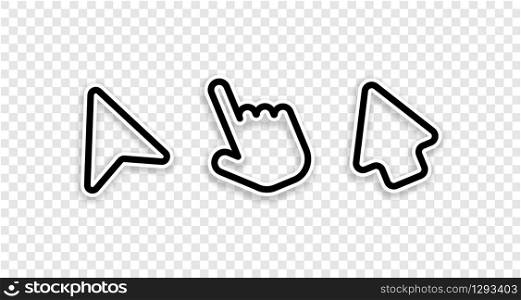 Click cursor collection. Cursor arrows and computer mouses with hand. Cursor icons. Arrows click vector icons. Mouse click cursor collection. Concept clicking. Pointer mouse. Vector illustration