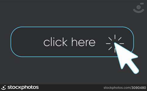 Click here banner. Web button with action of hand pointer. Click here, UI button concept. Vector illustration . Click here banner. Web button with action of hand pointer. Click here, UI button concept. Vector