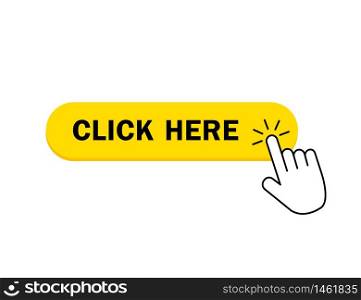 Click here button icon. Yellow button with hand pointer for register on website. Click here with finger pointing button for banner. vector